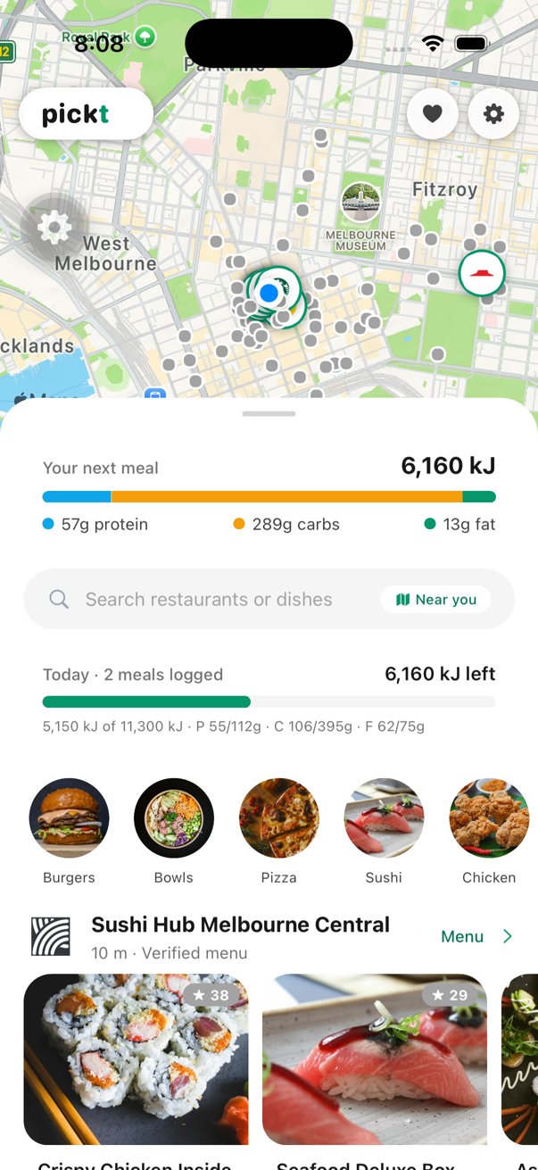 Pickt app showing a map of nearby restaurants and the best meals for your goals